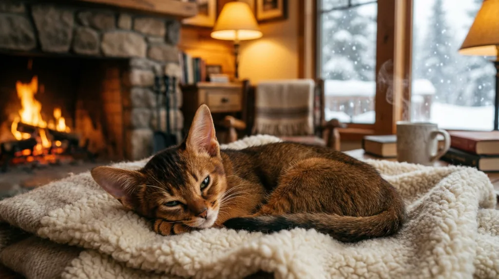 Photo : Beautiful Abyssinian kitten relaxing in a warm home during winter, soft blanket and cozy environment, snow outside the window, gentle sunlight illuminating the room, healthy and comfortable kitten, realistic editorial pet photography, warm vs cold contrast