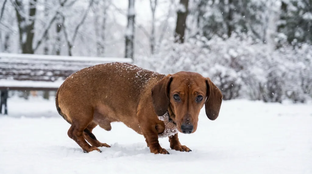 Photo : Cute Dachshund dog standing outside in cold winter weather, light snow falling, the dog looking slightly cold and shivering, long body and short legs clearly visible, smooth brown coat, expressive eyes, snowy park background, natural winter lighting with soft blue tones - Cold Dachshund Solutions: Your Questions Answered