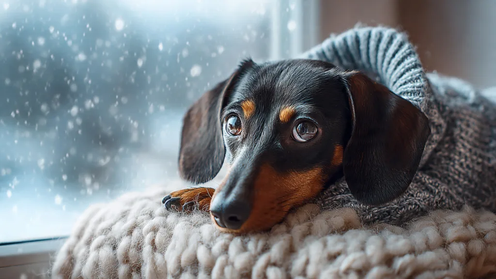 Photo : Cute Dachshund wearing a small winter sweater resting on a warm blanket indoors, snowy winter scene outside the window, cozy home atmosphere