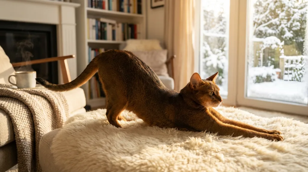 Photo : Elegant Abyssinian cat stretching gracefully on a soft rug inside a warm home during winter, snow visible through a window, natural golden indoor light, the cat showing flexibility and agility, sleek reddish-brown ticked coat, large ears and expressive eyes, cozy interior with a calm atmosphere