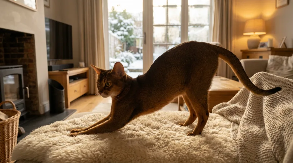 Photo : Elegant Abyssinian cat stretching gracefully on a soft rug inside a warm home during winter, snow visible through a window, natural golden indoor light, the cat showing flexibility and agility, sleek reddish-brown ticked coat, large ears and expressive eyes, cozy interior with a calm atmosphere