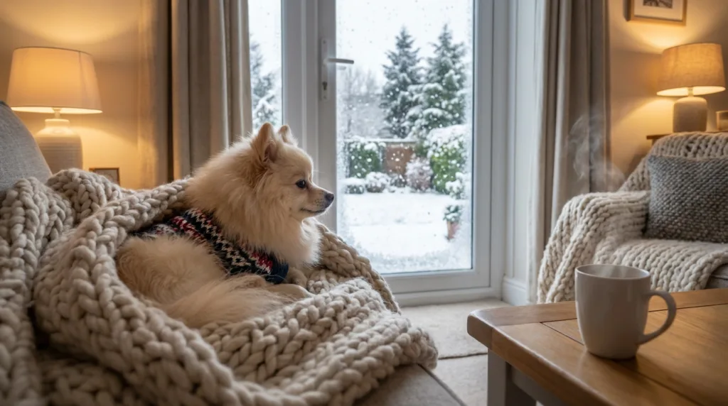 Photo : Fluffy Spitz dog wrapped in a warm dog blanket or wearing a small winter sweater indoors, snow visible through the window, cozy warm home environment, soft lighting, the dog looking comfortable and relaxed, contrast between cold outside and warm inside