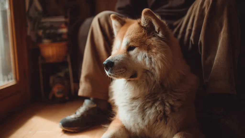 Photo : Un Akita Inu assis aux côtés de son maître dans le calme de la maison, complicité et confiance, lumière naturelle filtrant par la fenêtre, atmosphère chaleureuse, pelage soyeux