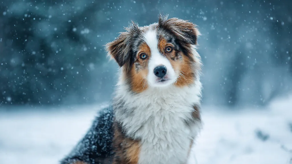PHOTO : Un adorable Berger Australien assis dans un paysage hivernal enneigé, la neige tombant doucement autour de lui, le chien semblant curieux;