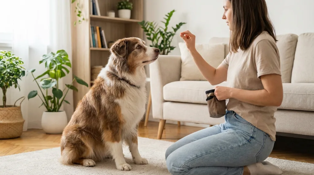 Photo : Un berger australien s'engage calmement dans une séance d'entraînement en douceur avec son propriétaire, répondant attentivement à un commandement de la main, expression douce et confiante-