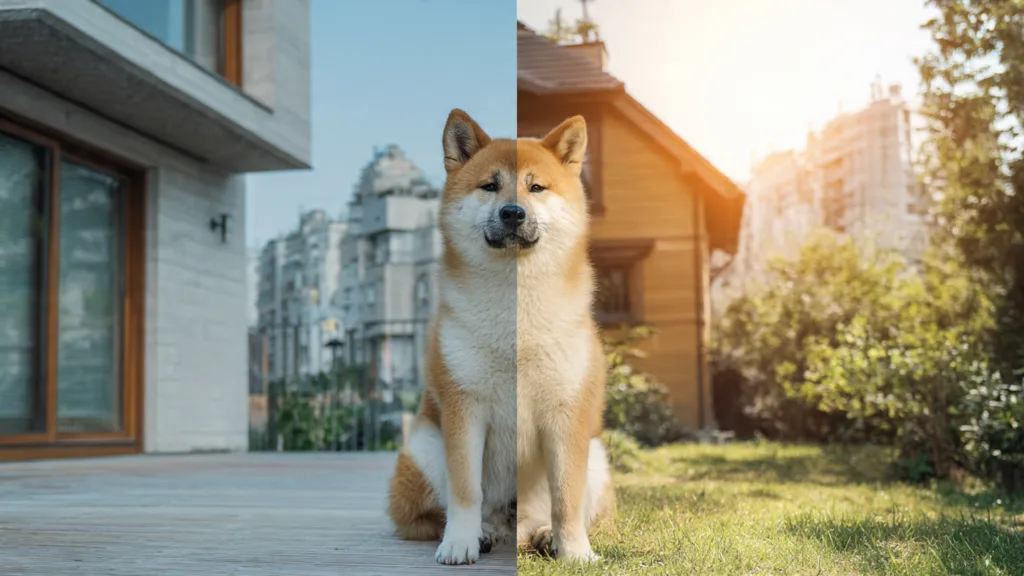 Photo : Un chien Akita Inu assis au centre, l'air pensif, sur un fond divisé visuellement : un appartement d'un côté, une maison avec jardin de l'autre