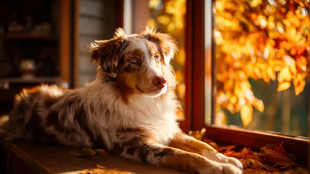 Photo : Un magnifique Berger Australien se détend dans une maison confortable en automne, tandis que des feuilles colorées apparaissent à l'extérieur, par la fenêtre.