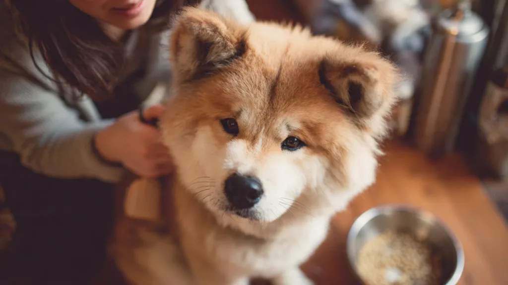 Photo : Une personne brosse délicatement un Akita Inu au pelage propre et sain, une gamelle de croquettes de qualité étant visible à proximité. Interaction calme et naturelle, témoignant d'attention et de routine.jpeg