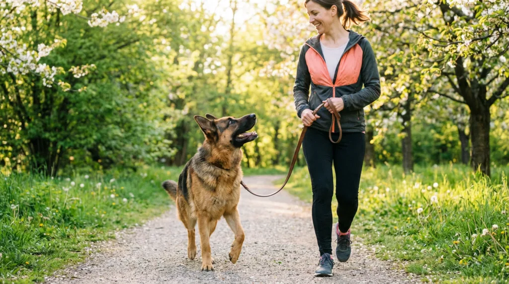 photo : A German Shepherd dog walking with its owner on a park path in spring, green grass and trees in background, natural sunlight. The owner holds a leash, both look happy and active. Photorealistic, lifestyle photography style, warm tones.