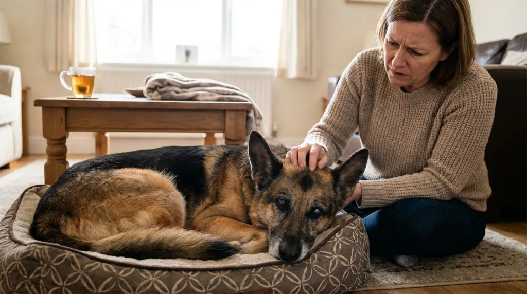 Photo : A German Shepherd lying on a dog bed in a living room, looking lethargic and unwell, its eyes half-closed. Its owner sits on the floor beside it, gently stroking its head with a worried expression. Photorealistic, soft natural indoor lighting, lifestyle photography, warm tones.