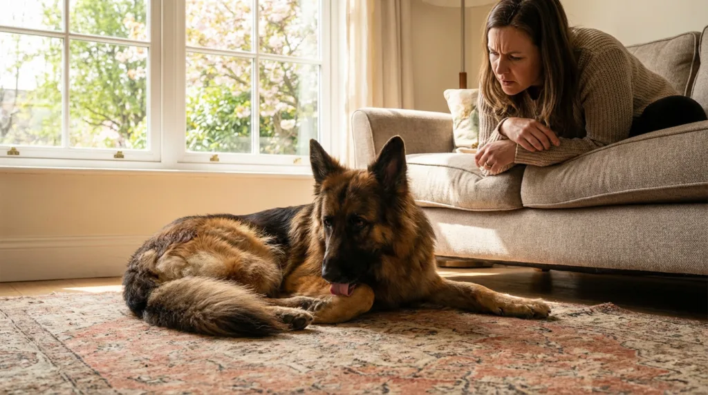 photo : A German Shepherd lying on a living room floor, licking its paw insistently. Its owner sits nearby on a couch, watching the dog with a worried expression. Bright spring light coming through the window, trees visible outside. Photorealistic, natural indoor lighting, lifestyle photography, warm tones.