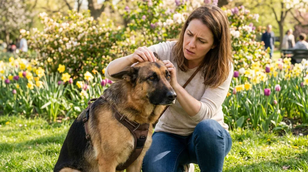 photo : A German Shepherd owner carefully checking their dog's fur in a sunny spring park, surrounded by blooming flowers and lush green grass. The dog looks slightly uncomfortable, owner appears concerned and attentive. Photorealistic, lifestyle photography, natural daylight, warm tones.