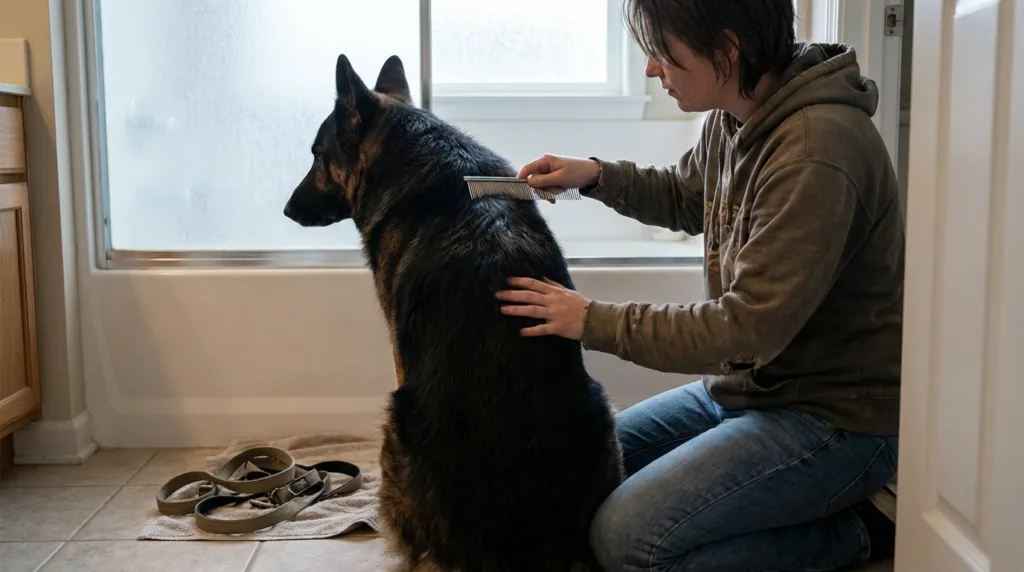 photo : A German Shepherd owner kneeling on a bathroom floor, carefully combing through their dog's thick fur with a fine-tooth comb after a walk, looking focused. The dog sits still and calm. A leash visible nearby suggesting they just came back from outside. Photorealistic, natural indoor lighting, lifestyle photography.