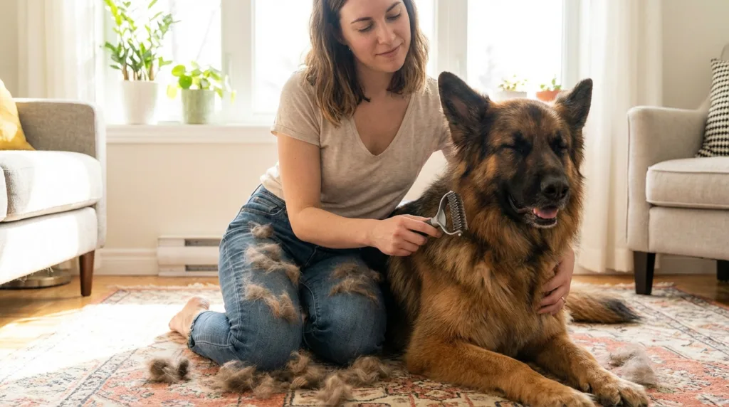 Photo : A German Shepherd owner sitting on a living room floor, brushing their dog's thick coat with a deshedding brush, surrounded by visible clumps of fur. The dog looks relaxed and enjoying it. Bright spring light coming through the window. Photorealistic, natural indoor lighting, lifestyle photography, warm tones.