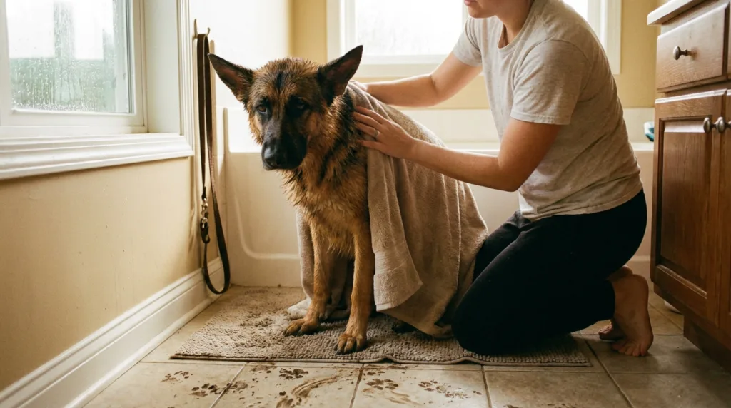 Photo : A German Shepherd owner towel-drying their wet dog in a bathroom after a rainy walk, carefully rubbing the dog's coat and skin. The dog looks slightly uncomfortable. A wet leash and muddy paw prints visible on the floor. Photorealistic, natural indoor lighting, lifestyle photography, warm tones.