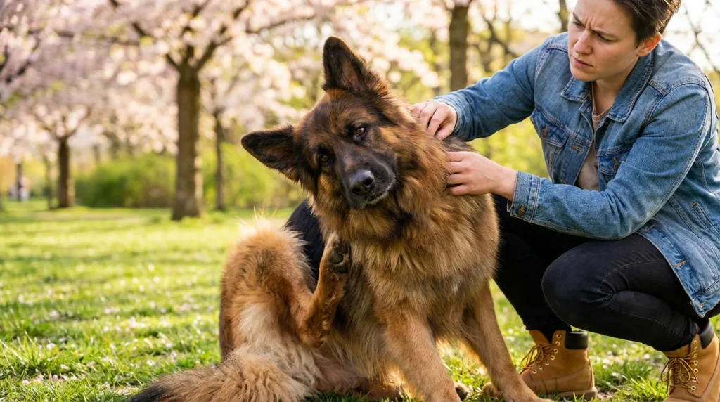 Photo : German Shepherd Springs Allergies - A German Shepherd sitting in a spring park, scratching its ear with its paw, looking slightly uncomfortable. Its owner kneels beside it with a concerned expression, gently examining the dog's skin. Blooming trees and grass in the background. Photorealistic, natural daylight, warm tones, lifestyle photography.