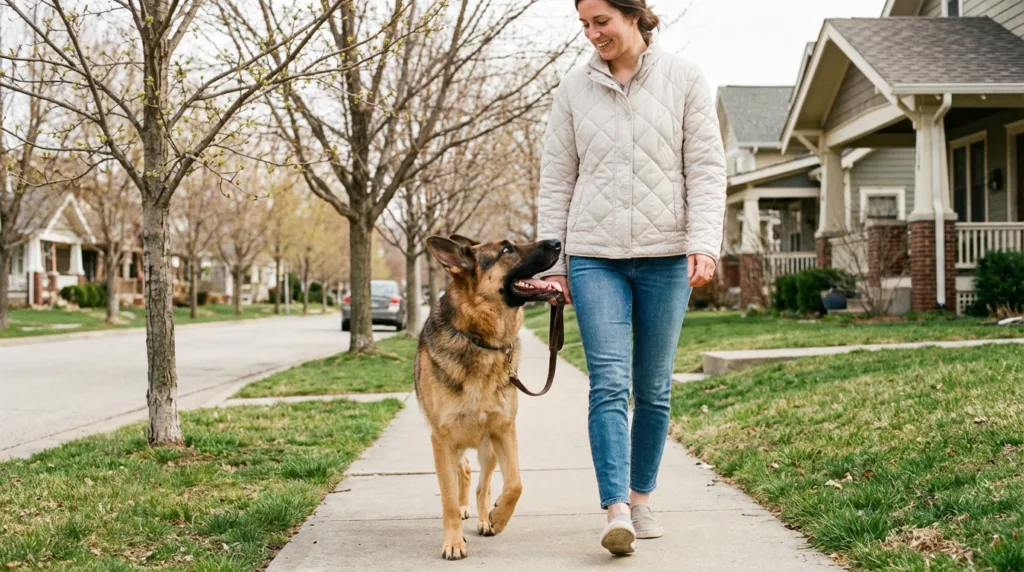 photo : A German Shepherd walking alongside its owner on a suburban sidewalk on a mild spring morning, the owner dressed in a light jacket suggesting the transition from cold to warm weather. The dog looks energetic and happy. Bare trees beginning to bud in the background. Photorealistic, natural soft daylight, lifestyle photography, warm tones.