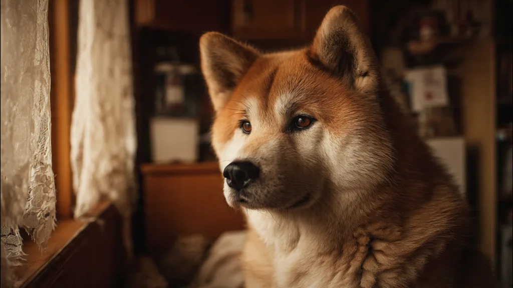 Photo : Un Akita Inu assis aux côtés de son maître dans le calme de la maison, complicité et confiance, lumière naturelle filtrant par la fenêtre, atmosphère chaleureuse, pelage soyeux