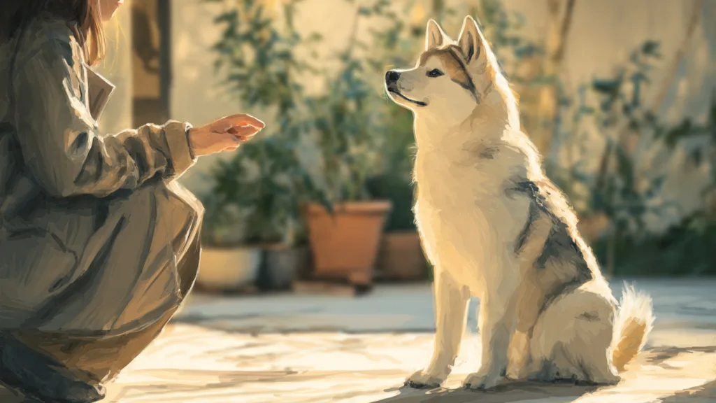 Photo : une personne éduquant calmement un Akita Inu dans une maison ou un jardin. Le chien, attentif mais indépendant, est assis ou debout et observe son maître. La personne donne un ordre ou un geste simple, illustrant les bases de l'éducation canine..jpeg
