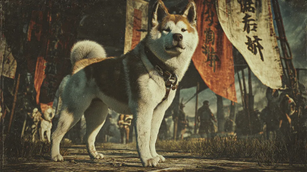 Photo : un puissant chien Akita Inu dans le Japon ancien debout