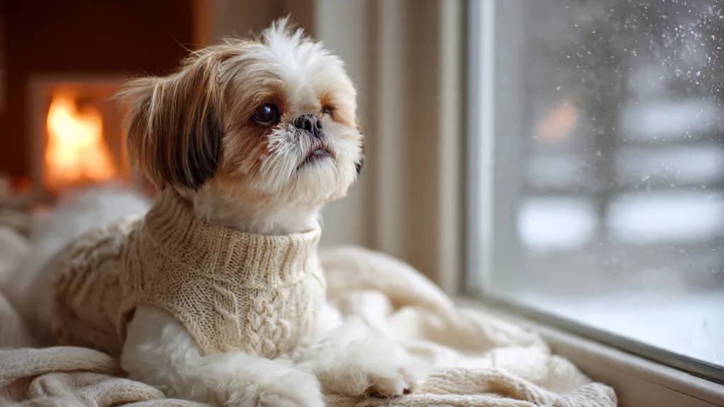 Photo : Shih Tzu Cold Weather Guide: Essential Methods to Keep Your Pup Warm & Safe scene visible through the window in the background, warm golden lighting