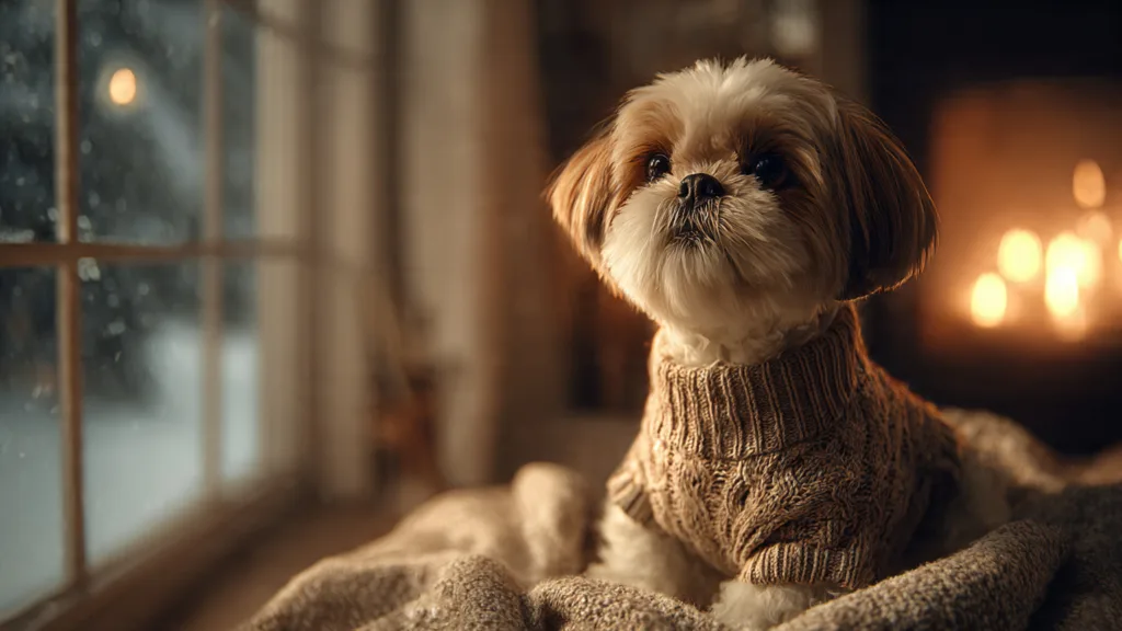 photo : A cute Shih Tzu dog wearing a small cozy knitted sweater, sitting comfortably indoors near a warm fireplace, soft blanket around it, snowy winter scene visible through the window in the background, warm golden lighting, shallow depth of field, high quality